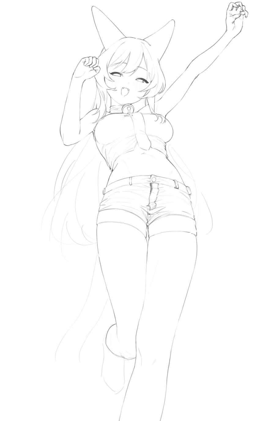 1girl absurdres animal_ears arm_up bell blush commission denim denim_shorts fangs greyscale half-closed_eyes highres kona_ming leg_up long_hair monochrome navel neck_bell necktie original pixiv_request shorts simple_background sketch skindentation smile solo tail white_background