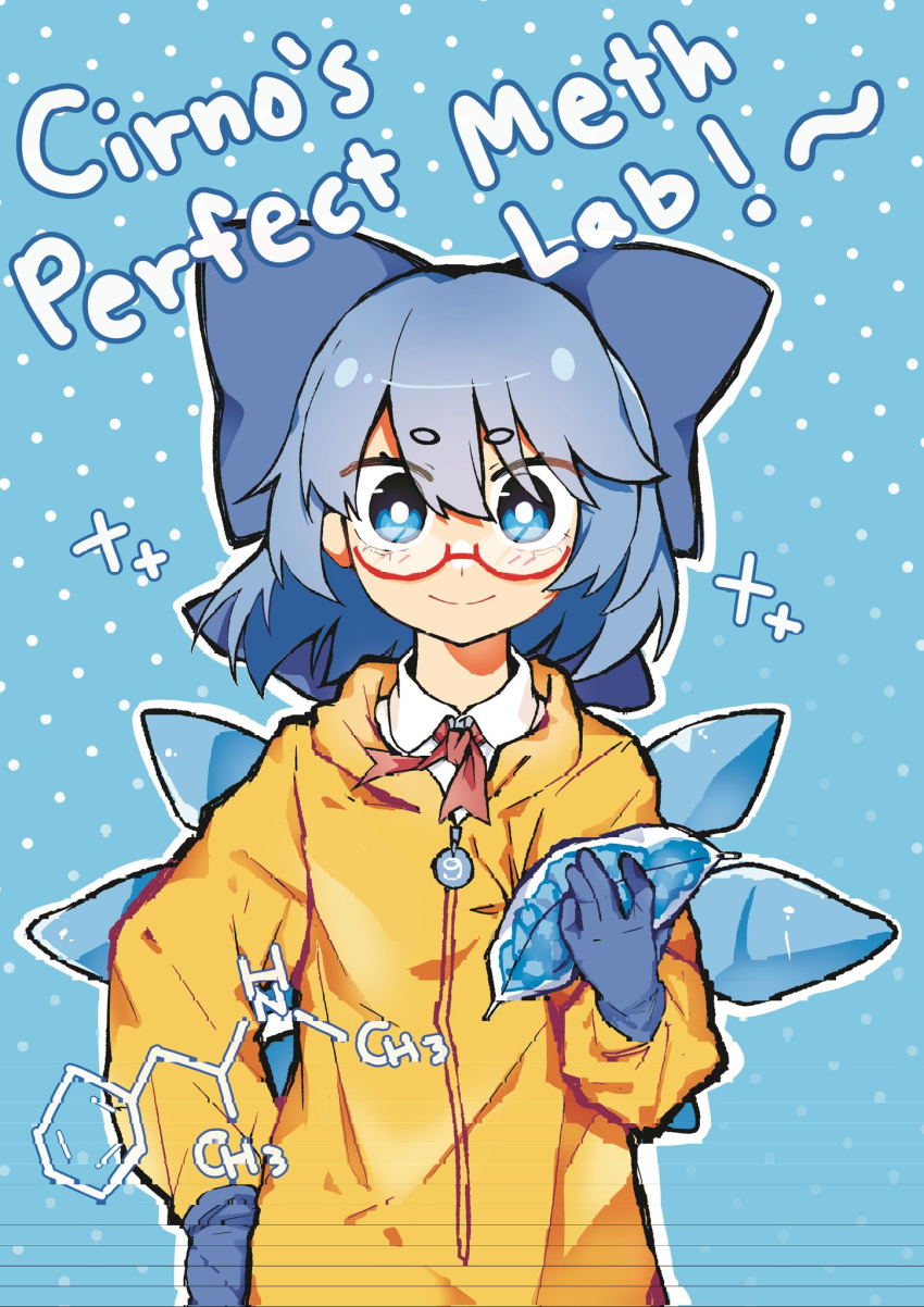 1girl bespectacled blue_background blue_eyes blue_hair breaking_bad chemical_structure circled_9 cirno commeowdore english_text eyebrows_visible_through_hair frozen glasses gloves highres jacket looking_at_viewer neck_ribbon polka_dot red_ribbon ribbon short_hair solo touhou upper_body wing_collar yellow_jacket