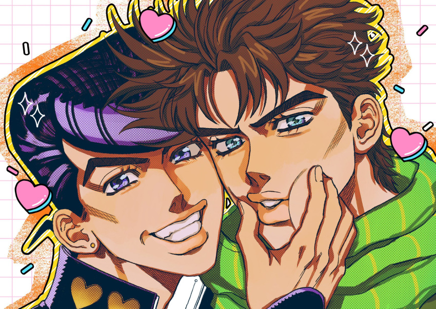 2boys anchor_symbol battle_tendency black_hair blue_eyes brown_hair cheek_squash diamond_wa_kudakenai father_and_son heart higashikata_josuke highres jjba_kk jojo_no_kimyou_na_bouken joseph_joestar joseph_joestar_(young) male_focus multiple_boys peace_symbol pompadour purple_hair sprinkles time_paradox violet_eyes