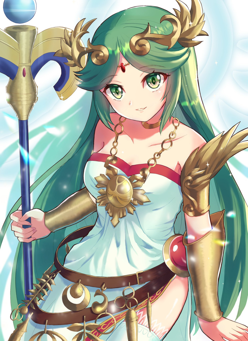 armlet bangs bare_shoulders breasts collar dress forehead_jewel goddess gold green_eyes green_hair highres jewelry kid_icarus kid_icarus_uprising laurel_crown long_hair norimaki_(nrmk_norinori) palutena parted_bangs pendant side_slit single_thighhigh strapless strapless_dress thigh-highs vambraces very_long_hair white_dress