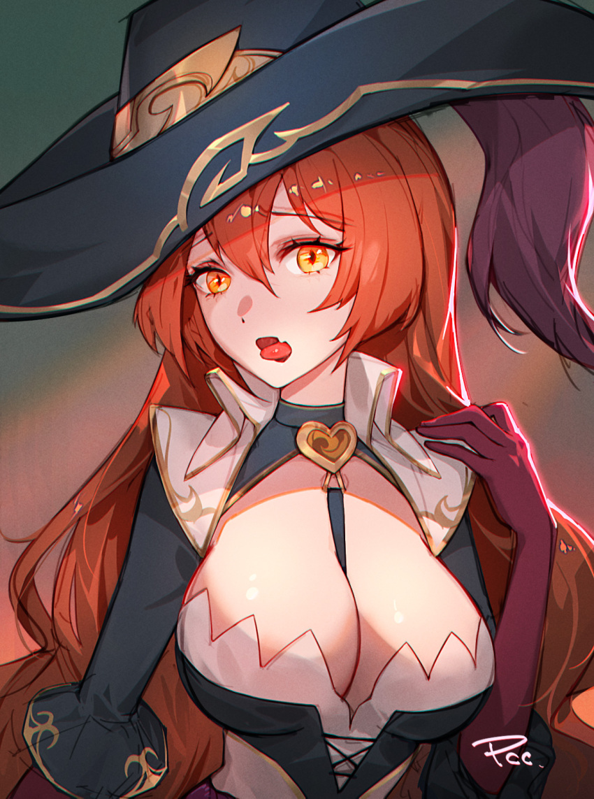 1girl alternate_costume artist_name bangs between_breasts black_headwear breasts character_request check_character dress elbow_gloves fang gloves gradient gradient_background hair_between_eyes hand_up hat heart highres large_breasts league_of_legends long_hair long_sleeves looking_at_viewer miss_fortune_(league_of_legends) orange_eyes pirate_hat qc_pan red_gloves redhead shiny shiny_hair skin_fang solo strap_between_breasts tongue tongue_out upper_body