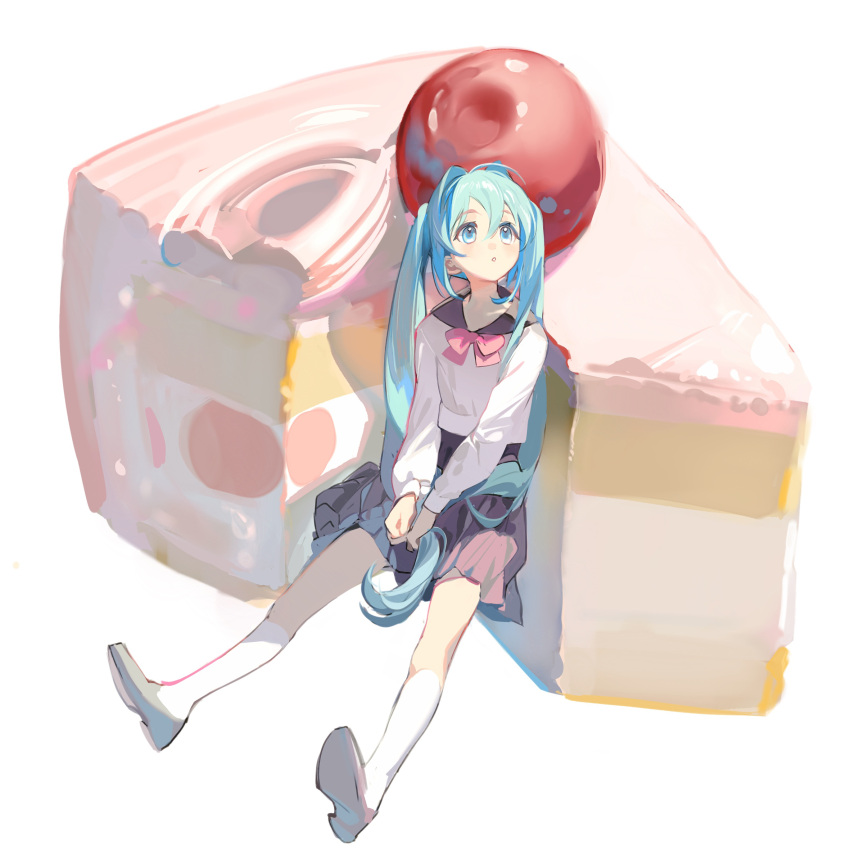 1girl black_sailor_collar black_skirt blue_eyes blue_hair bow bowtie cake cake_slice cherry commentary_request food fruit full_body grey_footwear hatsune_miku highres kneehighs long_hair long_sleeves oversized_food parted_lips pink_bow pink_bowtie rumoon sailor_collar school_uniform serafuku shirt simple_background sitting skirt solo twintails vocaloid white_background white_legwear white_shirt