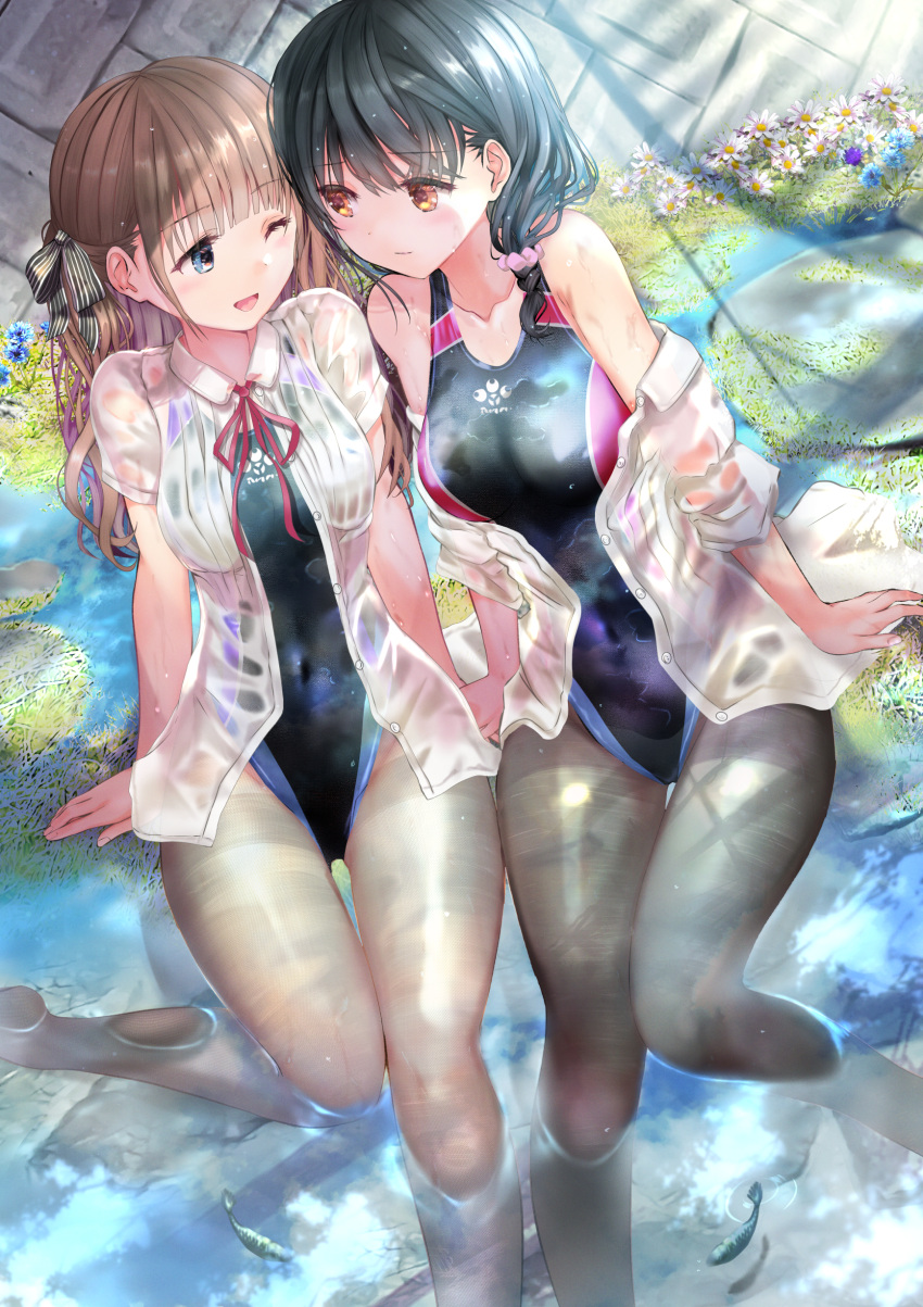 2girls :d absurdres bangs black_hair black_legwear black_swimsuit blue_eyes blunt_bangs braid breasts brown_eyes brown_hair brown_legwear closed_mouth collarbone collared_shirt competition_swimsuit covered_navel dappled_sunlight eye_contact fish flower grass hair_ornament hair_ribbon hair_scrunchie highres large_breasts light_smile long_hair looking_at_another medium_breasts multiple_girls off_shoulder ogata_tei one-piece_swimsuit one_eye_closed original pantyhose partially_submerged ribbon scrunchie see-through shirt single_braid sitting smile sunlight swimsuit water wet wet_clothes wet_shirt white_shirt