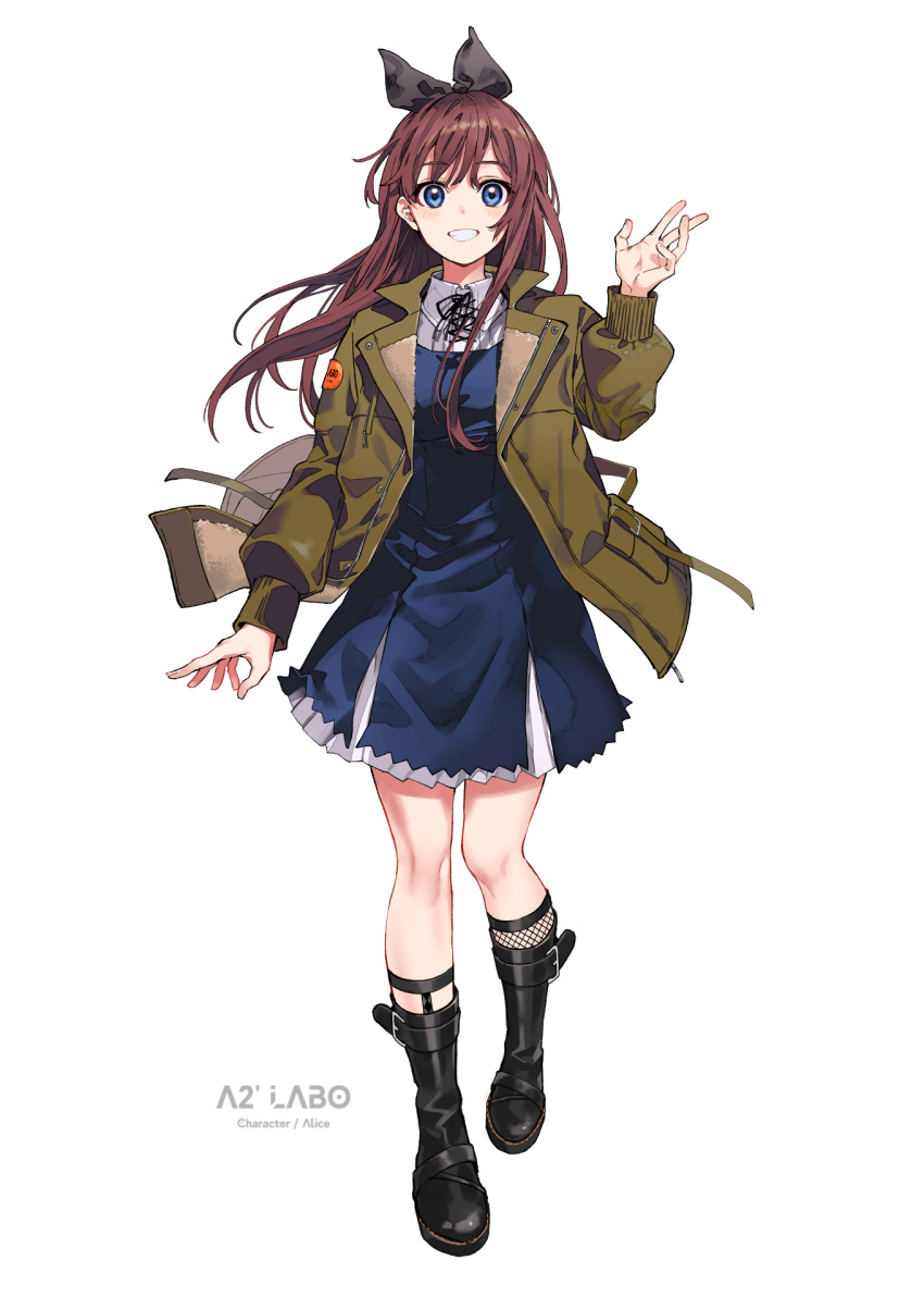 1girl arisaka_ako black_bow black_footwear blue_dress blue_eyes boots bow brown_hair brown_jacket character_name collared_dress commentary_request dress full_body hair_bow highres jacket long_hair long_sleeves looking_at_viewer open_clothes open_jacket original parted_lips simple_background smile solo white_background