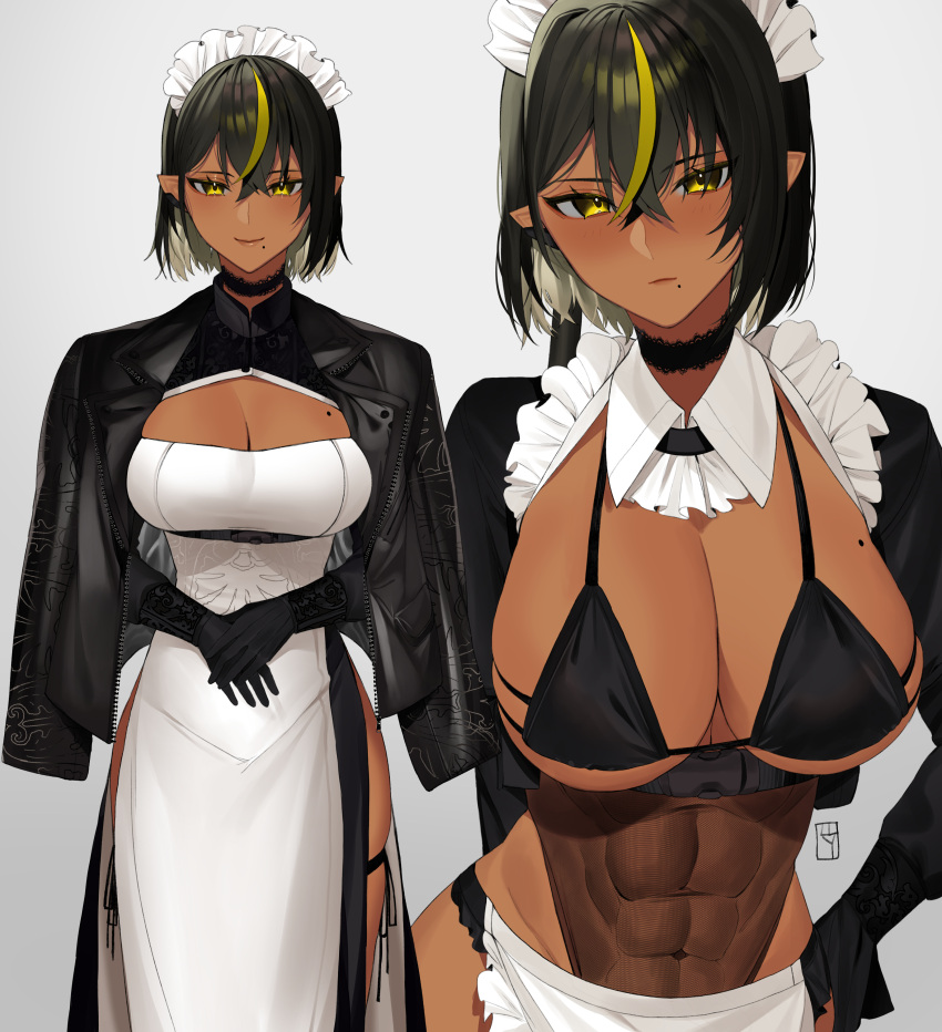 1girl abs absurdres apron bikini black_hair blonde_hair breasts choker commentary covered_navel dark-skinned_female dark_skin dress english_commentary eyebrows_visible_through_hair gloves grey_background hair_between_eyes highres jacket large_breasts lilith_(lilycious) lilycious looking_at_viewer maid maid_apron maid_bikini maid_headdress mole mole_on_breast mole_under_mouth multicolored_hair muscular muscular_female original pointy_ears short_hair simple_background smile solo streaked_hair swimsuit two-tone_hair watermark yellow_eyes