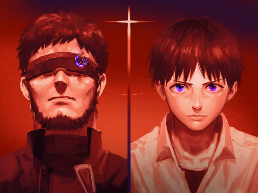 2boys beard black_jacket black_shirt brown_hair bullet_hole closed_mouth collared_shirt commentary_request cross facial_hair father_and_son head-mounted_display highres ikari_gendou ikari_shinji jacket looking_at_viewer male_focus multiple_boys neon_genesis_evangelion red_background red_theme rott_ur shirt short_hair upper_body violet_eyes white_shirt