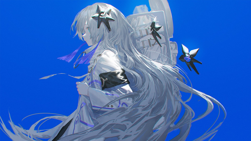 1girl armband backpack bag bangs blue_background blue_eyes breasts closed_mouth dress floating_hair from_side hair_ornament highres holding_strap long_hair long_sleeves looking_away original profile reoen silver_hair solo turtleneck upper_body very_long_hair white_dress