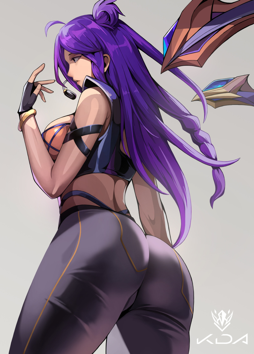 1girl absurdres ahoge armband ass black_gloves black_pants breasts cowboy_shot crop_top fingerless_gloves from_below from_side gloves gold_bracelet grey_background hair_bun hand_up headset highres k/da_(league_of_legends) k/da_kai'sa kai'sa league_of_legends letsbe logo long_hair looking_ahead medium_breasts microphone midriff official_alternate_costume pants parted_lips purple_hair simple_background solo tight tight_pants violet_eyes