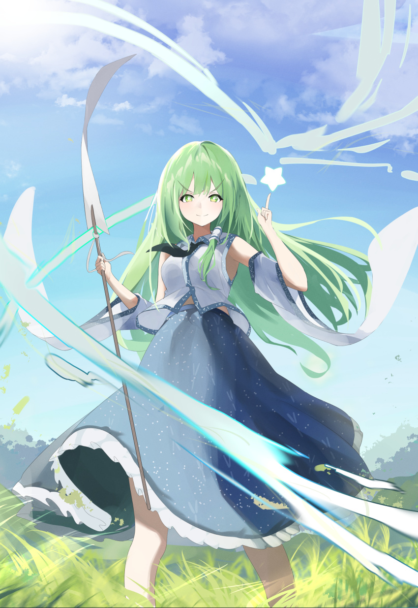 1girl 258n absurdres bangs blue_skirt blue_sky closed_mouth clouds detached_sleeves english_commentary eyebrows_visible_through_hair gohei grass green_eyes green_hair highres holding index_finger_raised kochiya_sanae long_hair long_skirt looking_at_viewer nontraditional_miko outdoors shirt skirt sky smile solo standing star_(symbol) touhou v-shaped_eyebrows white_shirt wide_sleeves wind