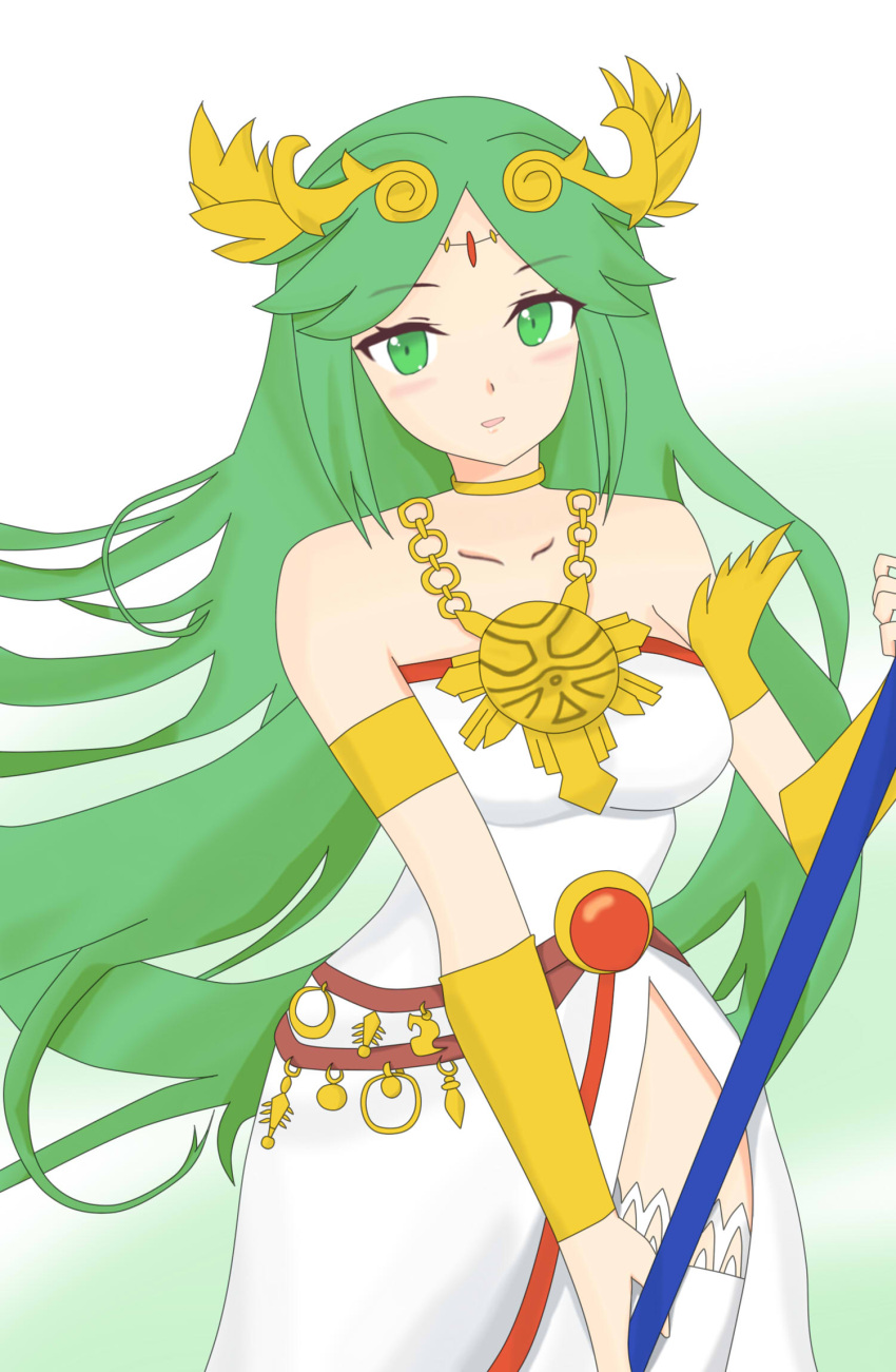 armlet bangs bare_shoulders blush breasts collar dress forehead_jewel goddess gold green_eyes green_hair highres jewelry kid_icarus kid_icarus_uprising laurel_crown long_hair palutena parted_bangs pendant side_slit single_thighhigh strapless strapless_dress thigh-highs vambraces very_long_hair white_dress