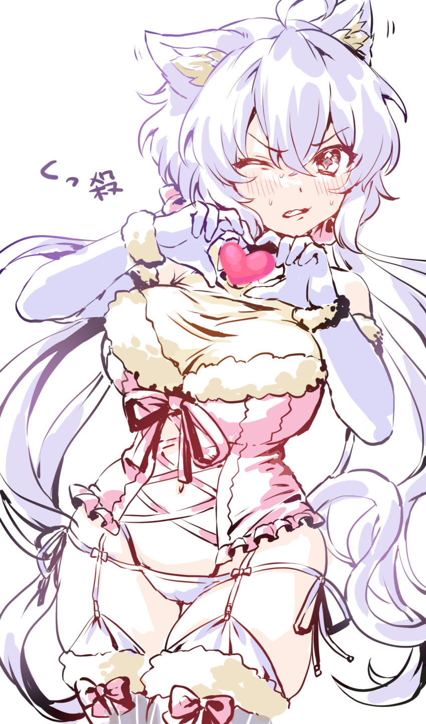1girl ahoge alternate_costume animal_ears bow cat_ears eyebrows_visible_through_hair fang fur_trim garter_straps heart heart_hands highres looking_at_viewer low_twintails one_eye_closed panties scrunchie senki_zesshou_symphogear solo thigh-highs twintails underwear violet_eyes wada_chiyon white_background white_panties yukine_chris