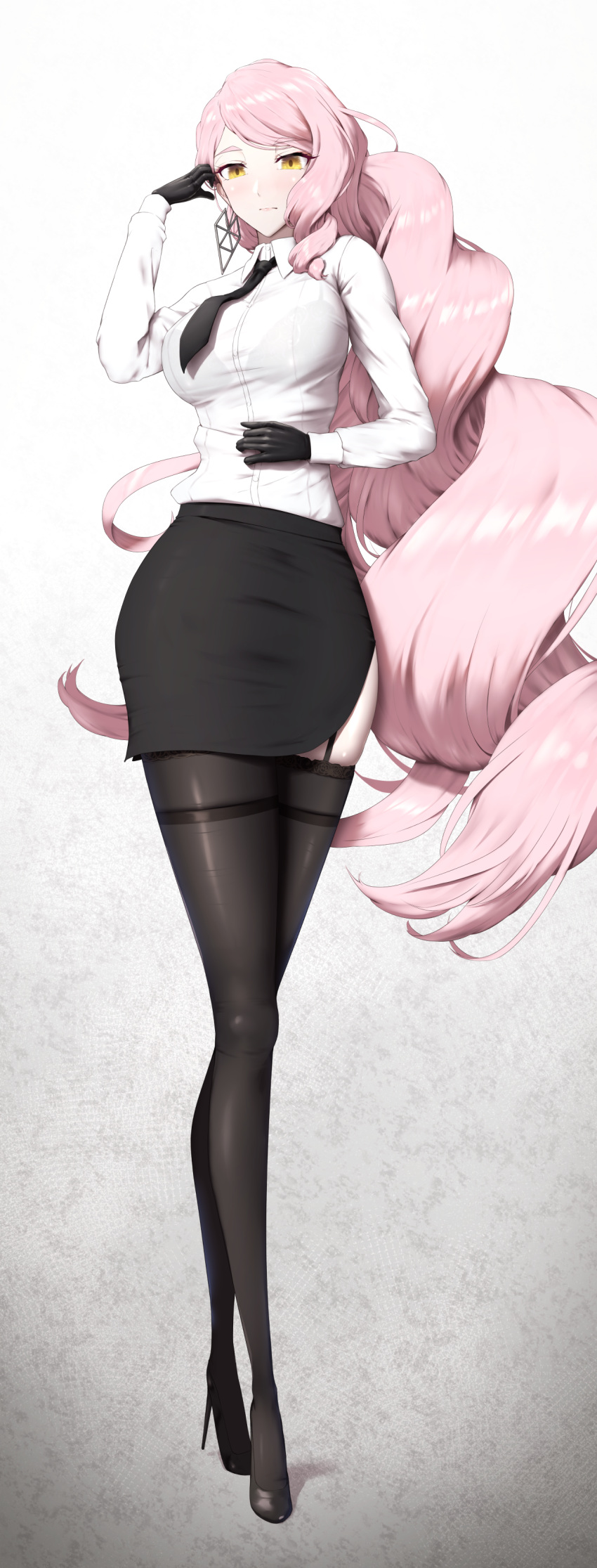 1girl absurdres black_footwear black_legwear black_necktie black_skirt blush breasts closed_mouth commentary commentary_request fate/grand_order fate_(series) full_body high_heels highres koyanskaya_(fate) large_breasts long_hair long_sleeves looking_at_viewer necktie pink_hair shiroshisu shirt shirt_tucked_in skirt solo standing tamamo_(fate) thigh-highs white_shirt