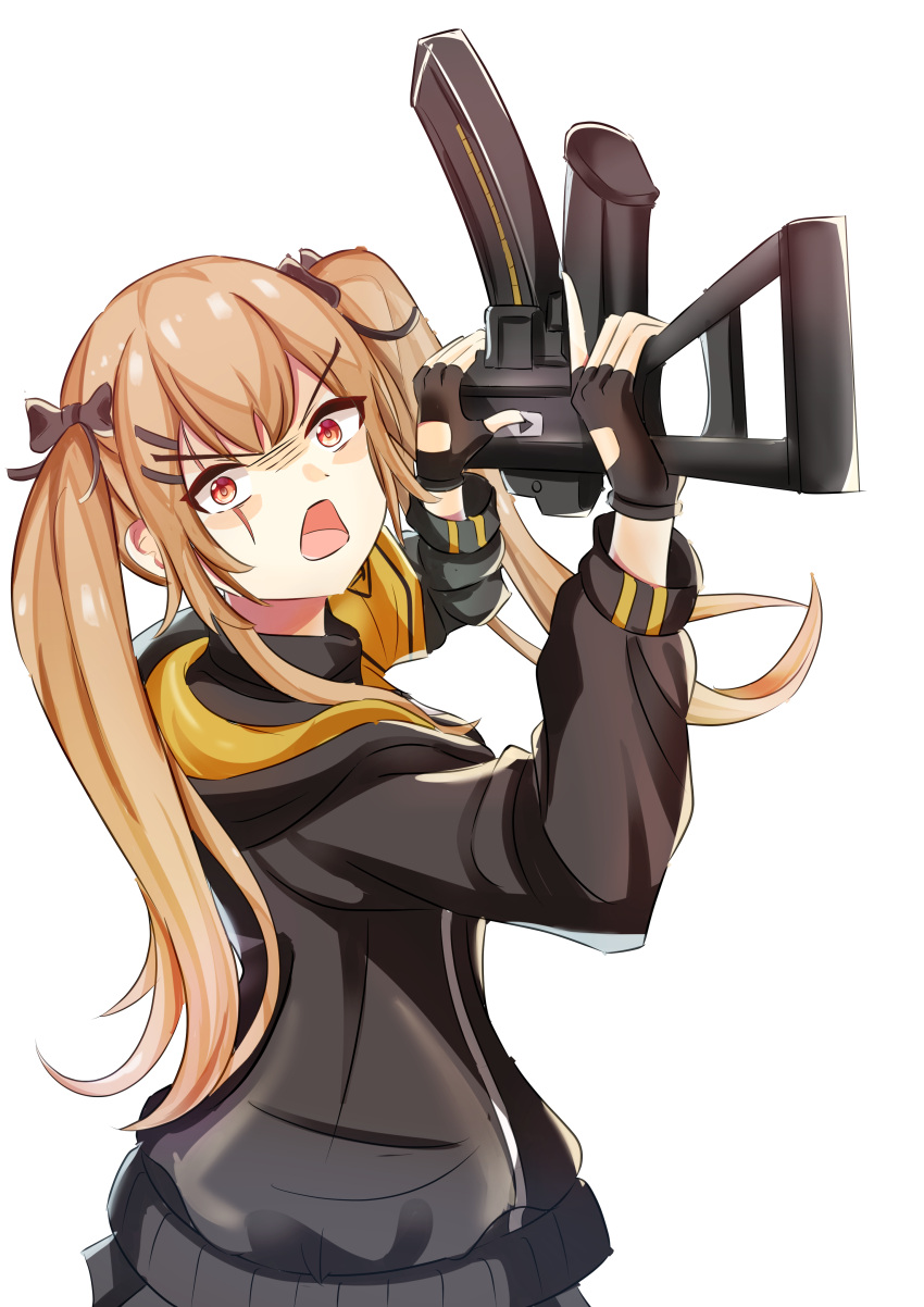 1girl absurdres angry black_gloves black_jacket brown_eyes brown_hair fingerless_gloves girls_frontline gloves gun h&amp;k_ump highres holding holding_weapon jacket long_sleeves mutugorou_u scar scar_across_eye shirt solo submachine_gun ump9_(girls'_frontline) weapon white_shirt