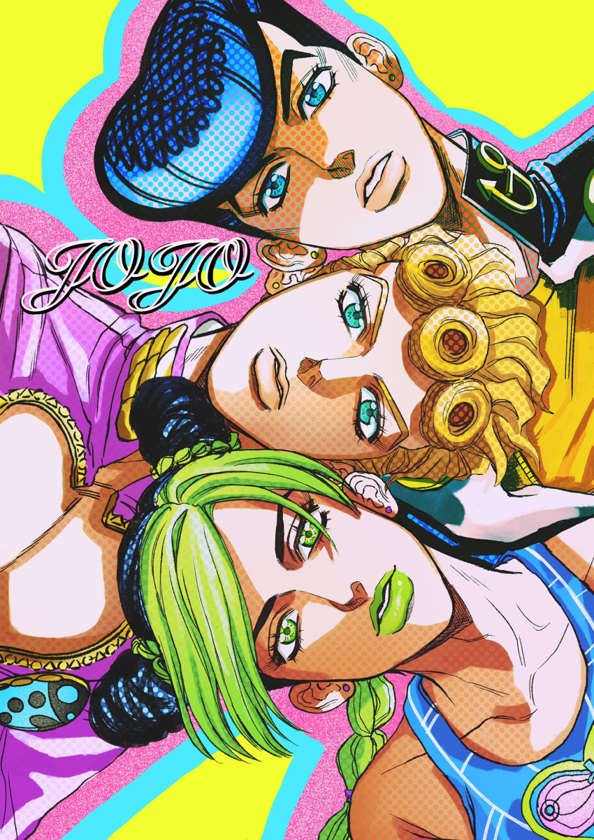 1girl 2boys anchor_symbol aqua_eyes black_hair blonde_hair blue_eyes braid braided_ponytail diamond_wa_kudakenai double_bun giorno_giovanna green_eyes green_hair green_lips hair_cones higashikata_josuke highres jjba_kk jojo_no_kimyou_na_bouken kujo_jolyne lying male_focus multicolored_hair multiple_boys on_back pompadour stone_ocean two-tone_hair upside-down vento_aureo