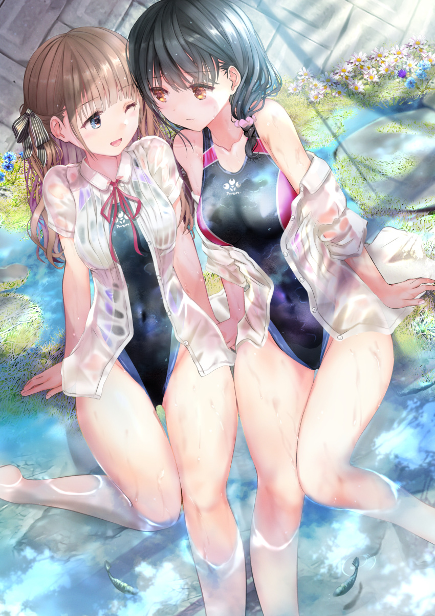2girls :d absurdres bangs bare_legs black_hair black_swimsuit blue_eyes blunt_bangs braid breasts brown_eyes brown_hair closed_mouth collarbone collared_shirt competition_swimsuit covered_navel dappled_sunlight eye_contact fish flower grass hair_ornament hair_ribbon hair_scrunchie highres large_breasts light_smile long_hair looking_at_another medium_breasts multiple_girls off_shoulder ogata_tei one-piece_swimsuit one_eye_closed original partially_submerged ribbon scrunchie see-through shirt single_braid sitting smile sunlight swimsuit water wet wet_clothes wet_shirt white_shirt