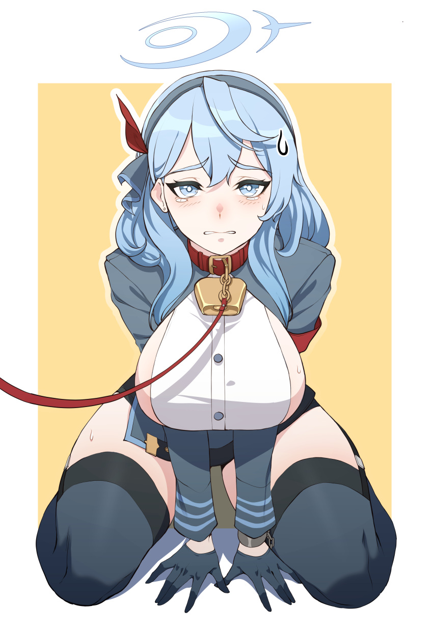 1girl absurdres ako_(blue_archive) all_fours bell blue_archive blue_eyes blue_hair border breasts carcass_(artist) collar crying crying_with_eyes_open eyebrows_visible_through_hair full_body gloves hair_between_eyes headband highres large_breasts leash looking_at_viewer neck_bell sideboob simple_background solo sweatdrop tears thick_thighs thigh-highs thighs two-tone_background white_border yellow_background