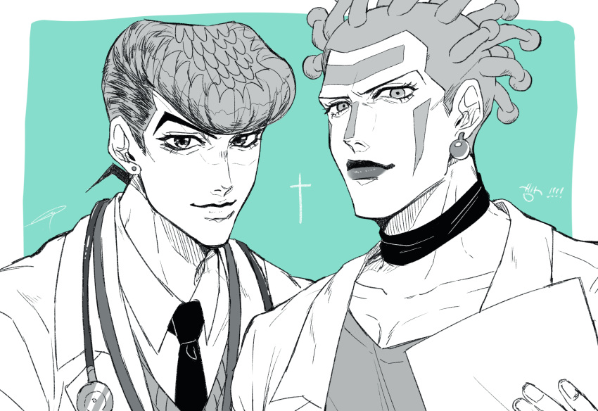 2boys cioccolata diamond_wa_kudakenai doctor earrings facepaint facial_mark higashikata_josuke highres hospital_0434 jewelry jojo_no_kimyou_na_bouken labcoat lipstick makeup male_focus medical_scrubs monochrome multiple_boys necktie pompadour stethoscope sweater_vest vento_aureo