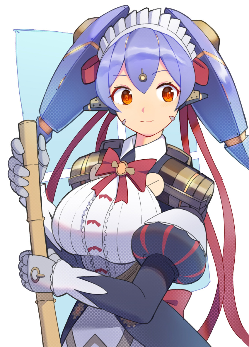 1girl absurdres android apron breasts highres ichthys_spnov joints large_breasts maid maid_apron maid_headdress mechanical_parts poppi_(xenoblade) poppi_qt_(xenoblade) purple_hair red_eyes robot_ears robot_joints simple_background solo white_apron white_background xenoblade_chronicles_(series) xenoblade_chronicles_2