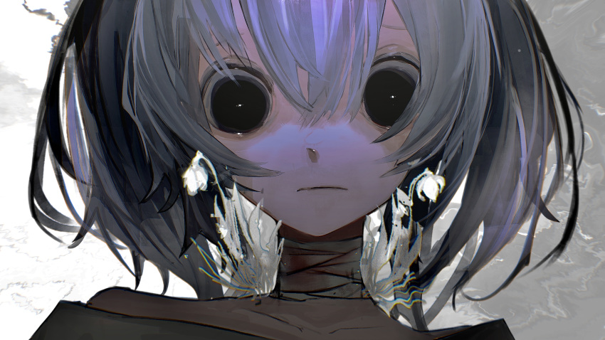 1girl bandaged_neck bandages bangs black_eyes blood blood_on_bandages commentary_request expressionless flower grey_hair highres looking_at_viewer medium_hair no_pupils original portrait saniiiwan snowdrop_(flower) solo white_background