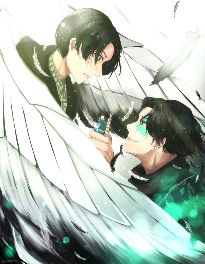 2boys absurdres angel_wings aqua_eyes black_feathers black_hair black_jacket black_shirt black_wings commentary_request death dual_persona feathers glowing green_shirt highres igarashi_daiji jacket kagero_(kamen_rider_revice) kamen_rider kamen_rider_revice male_focus multiple_boys shirt smile spoilers two-tone_wings white_wings wing_genome wings yellow_eyes yukishiro1129