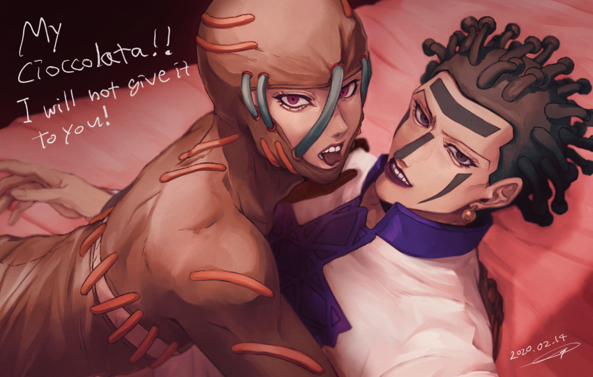 2boys bodysuit cioccolata earrings facepaint facial_mark green_eyes green_hair grin highres hospital_0434 hug jewelry jojo_no_kimyou_na_bouken male_focus multiple_boys muted_color oasis_(stand) on_bed protecting purple_lips secco smile stand_(jojo) vento_aureo violet_eyes