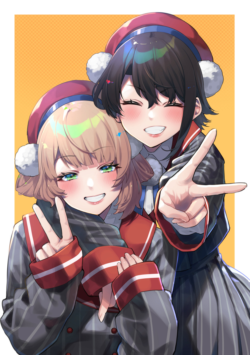 2girls absurdres beret black_hair blonde_hair closed_eyes facing_viewer green_eyes grey_jacket grey_skirt grin hair_ornament hat highres hololive indie_virtual_youtuber jacket long_sleeves looking_at_viewer mikan_(chipstar182) multiple_girls oozora_subaru pleated_skirt pom_pom_(clothes) pom_pom_hair_ornament red_headwear shigure_ui_(vtuber) skirt sleeves_past_wrists smile striped striped_jacket striped_skirt upper_body vertical-striped_jacket vertical-striped_skirt vertical_stripes virtual_youtuber
