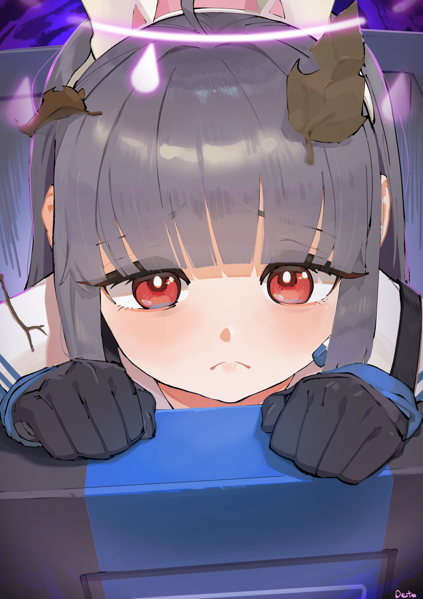 1girl absurdres ahoge artist_name bangs black_gloves black_hair blue_archive blunt_bangs blush closed_mouth eyebrows_visible_through_hair gloves hairband halo highres in_container kakikukeko556 leaf leaf_on_head long_hair long_sleeves looking_at_viewer miyu_(blue_archive) red_eyes shiny shiny_hair solo trash_can