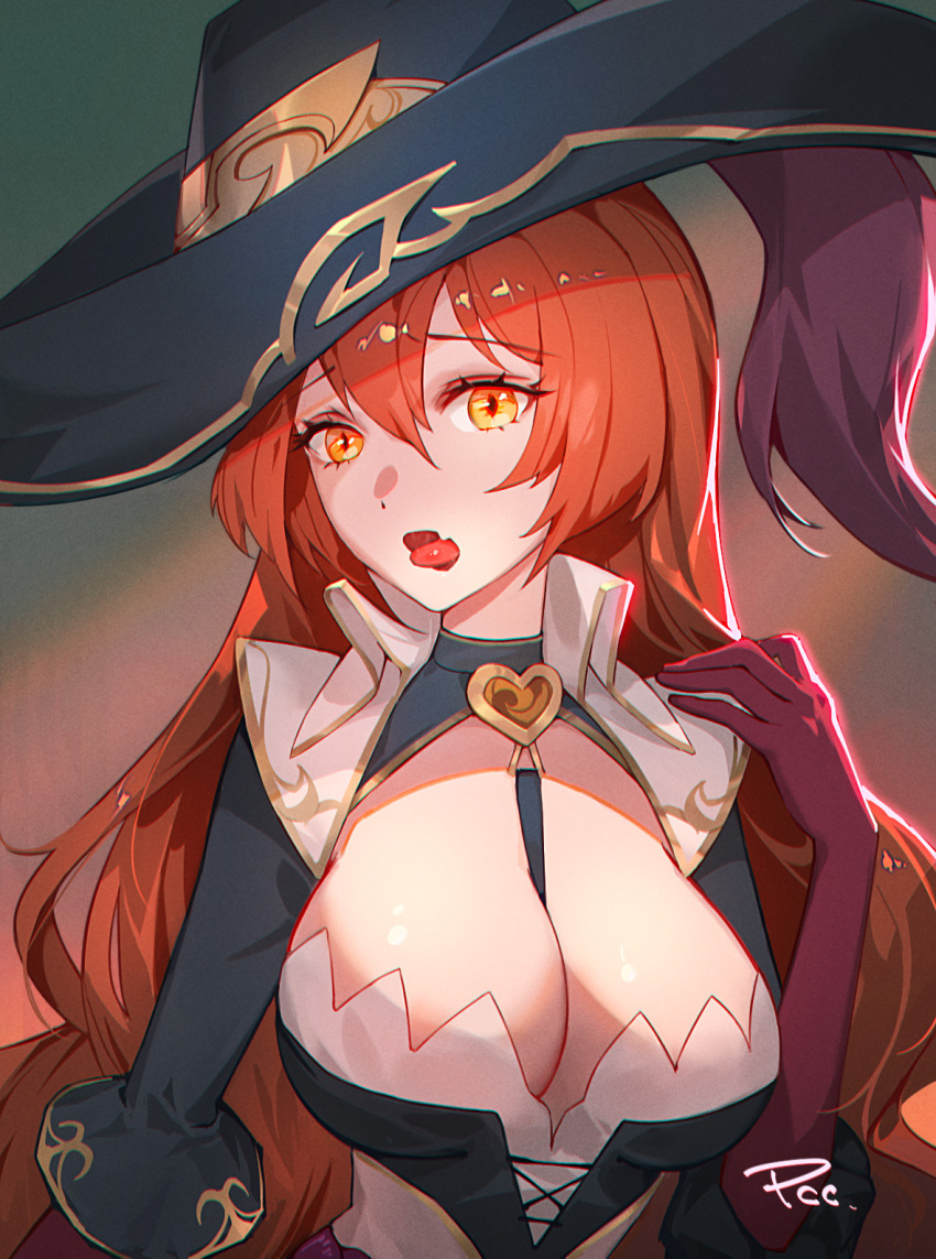 1girl alternate_costume artist_name bangs between_breasts black_headwear breasts character_request check_character commentary_request dress elbow_gloves fang gloves gradient gradient_background hair_between_eyes hand_up hat heart highres large_breasts league_of_legends long_hair long_sleeves looking_at_viewer miss_fortune_(league_of_legends) orange_eyes pirate_hat qc_pan red_gloves redhead shiny shiny_hair skin_fang solo strap_between_breasts tongue tongue_out upper_body