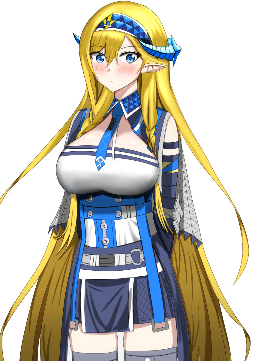 1girl absurdly_long_hair absurdres arknights arms_behind_back bangs bare_shoulders black_skirt blonde_hair blue_eyes blue_hairband blue_necktie blush breasts commentary cowboy_shot elbow_gloves eyebrows_visible_through_hair gloves hair_between_eyes hairband highres horns large_breasts long_hair looking_at_viewer miniskirt necktie pointy_ears saileach_(arknights) shirt simple_background skirt solo standing strapless strapless_shirt thigh-highs uiru_(uiruuun) very_long_hair white_background white_shirt zettai_ryouiki