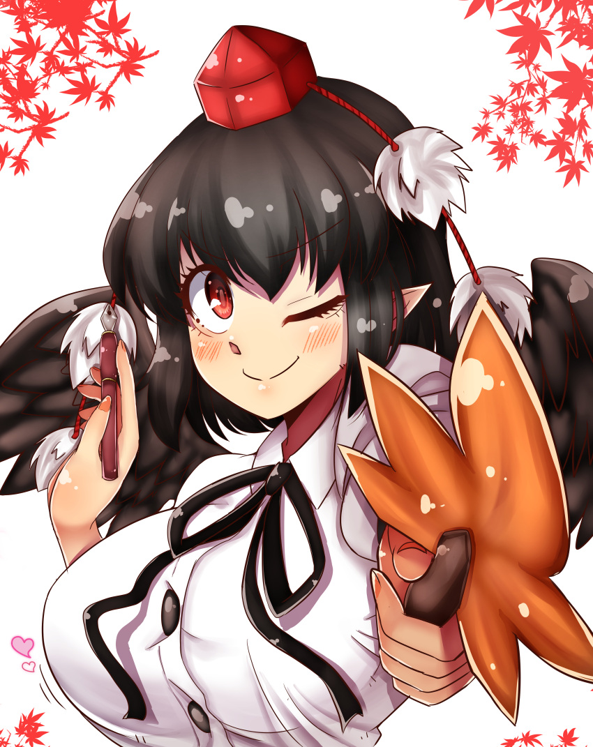 1girl absurdres autumn_leaves black_hair black_neckwear black_ribbon black_wings blush breasts eyebrows_visible_through_hair hat highres large_breasts leaf looking_at_viewer maple_leaf norori one_eye_closed pointy_ears pom_pom_(clothes) red_eyes ribbon shameimaru_aya shirt short_hair smile solo tokin_hat touhou upper_body white_shirt wings