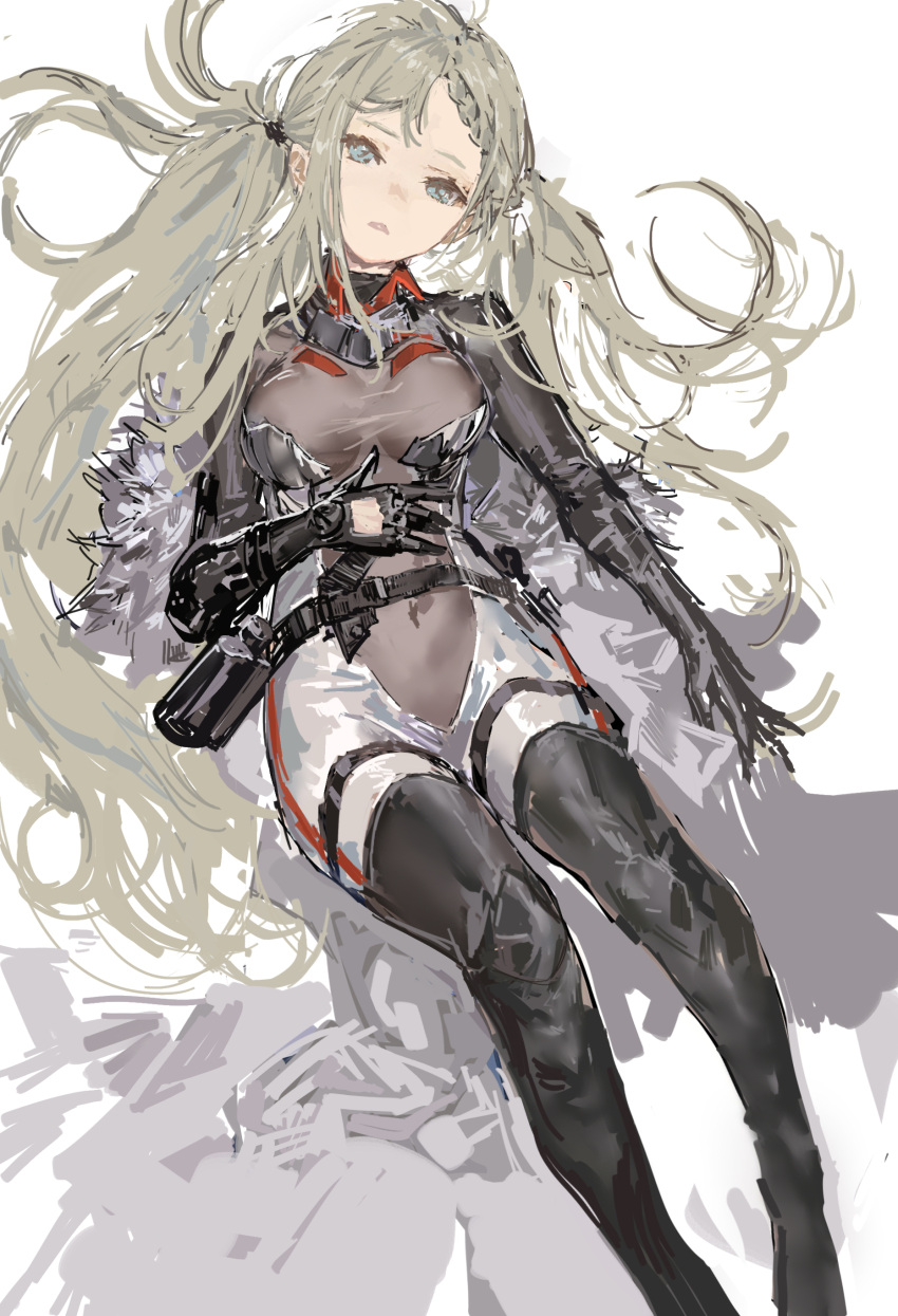 1girl a-545_(girls'_frontline) absurdres bangs black_gloves black_legwear blue_eyes bodysuit breasts breasts_apart elbow_gloves feet_out_of_frame girls_frontline gloves grey_hair hand_on_own_stomach highres long_hair looking_at_viewer medium_breasts messikid solo thigh-highs twintails very_long_hair white_background