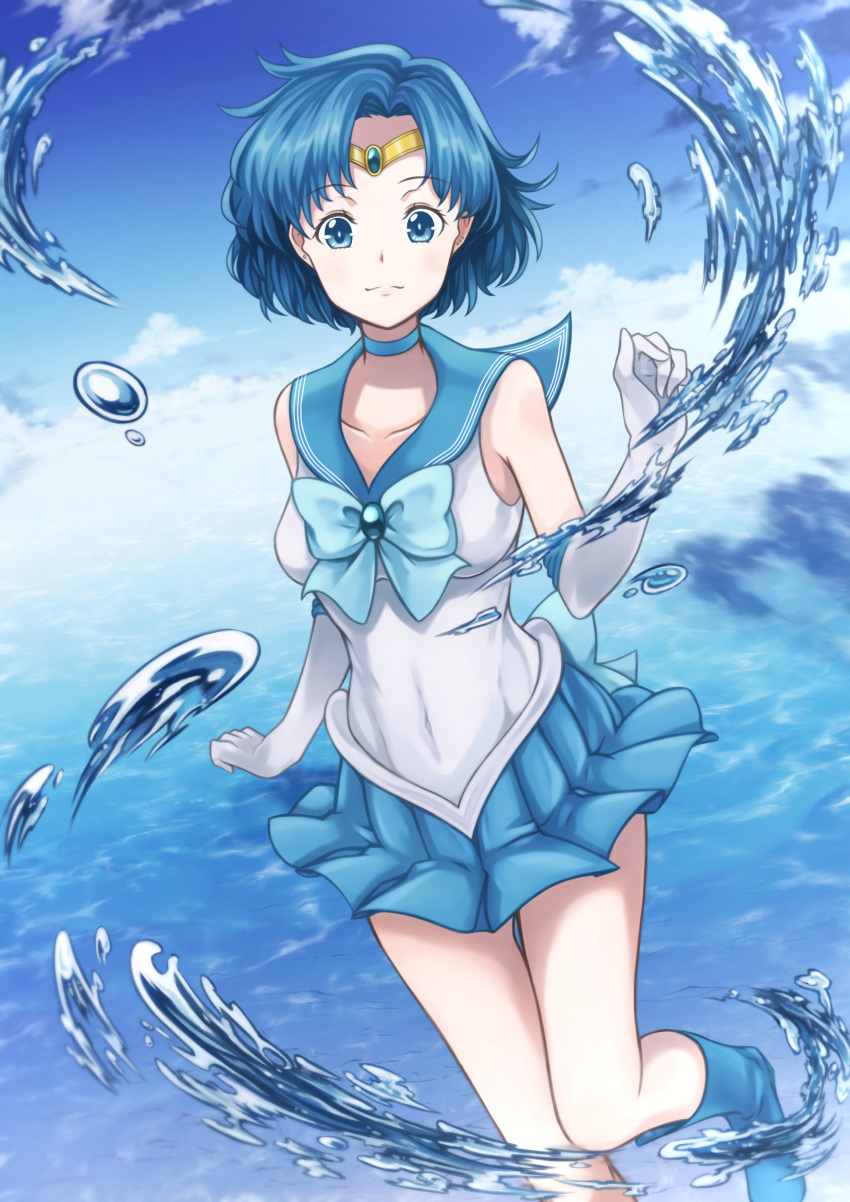 1girl absurdres bishoujo_senshi_sailor_moon blue_bow blue_choker blue_eyes blue_hair blue_skirt boots bow choker commentary_request elbow_gloves eyelashes gloves happy highres knee_boots kneehighs looking_at_viewer magical_girl mizuno_ami sailor_mercury sailor_senshi_uniform shori_(shorisax) short_hair skirt smile solo tiara white_gloves