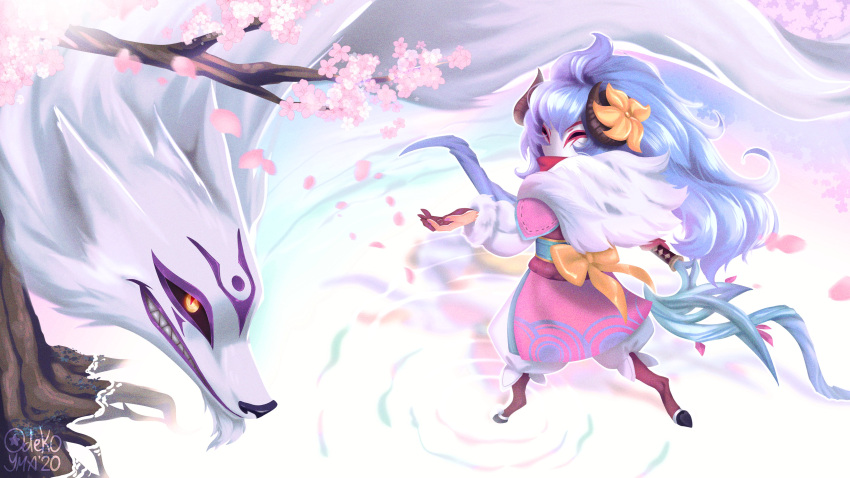 1girl absurdres ahoge artist_name bangs black_sclera bow braid cherry_blossoms colored_sclera curled_horns flower fur_trim grin hair_between_eyes hair_flower hair_ornament highres horns kindred_(league_of_legends) lamb_(league_of_legends) league_of_legends long_hair long_sleeves mask odeko_yma official_alternate_costume official_alternate_hairstyle orange_bow orange_flower purple_hair sharp_teeth shiny shiny_hair slit_pupils smile spirit_blossom_(league_of_legends) spirit_blossom_kindred teeth tree wolf_(league_of_legends)