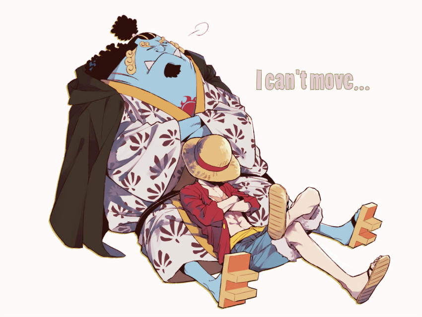 2boys black_hair covered_face crossed_arms hat hoyano_(maimai) japanese_clothes jinbe_(one_piece) kimono male_focus monkey_d._luffy multiple_boys on_lap one_piece robe sleeping