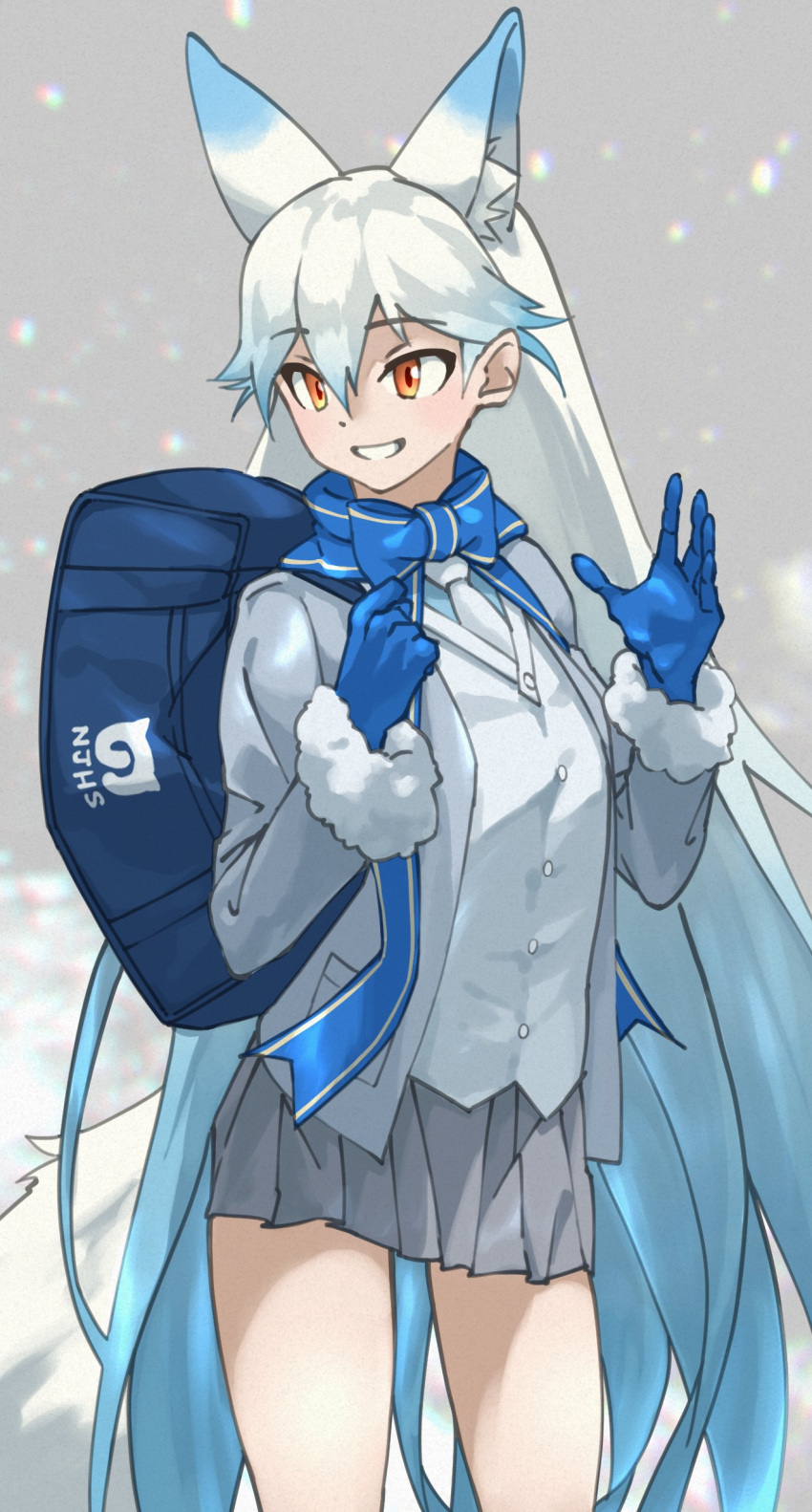 1girl absurdres animal_ear_fluff animal_ears bag bangs blue_bow blue_bowtie blue_gloves blue_hair blunt_bangs bow bowtie commentary_request extra_ears eyebrows_visible_through_hair fox_ears fox_girl fox_tail fur-trimmed_sleeves fur_trim gloves gradient_hair grey_jacket grey_skirt highres jacket japari_symbol kemono_friends long_hair long_sleeves multicolored_hair necktie open_clothes open_jacket orange_eyes parted_lips pleated_skirt shiroi-kitakitsune_(kemono_friends) skirt smile solo tail tanabe_(fueisei) very_long_hair white_hair white_necktie