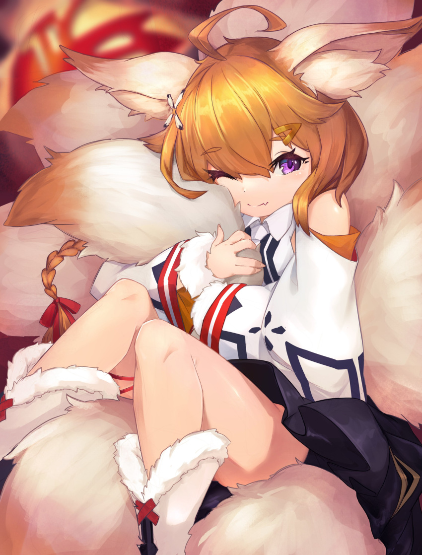1girl absurdres ahoge animal_ears bangs black_skirt blurry blurry_background eight-tailed_fox_nari eyebrows_visible_through_hair fox_ears fox_girl fox_tail guardian_tales highres holding_own_tail mu_3no multiple_tails one_eye_closed orange_hair ponytail skirt tail violet_eyes white_footwear
