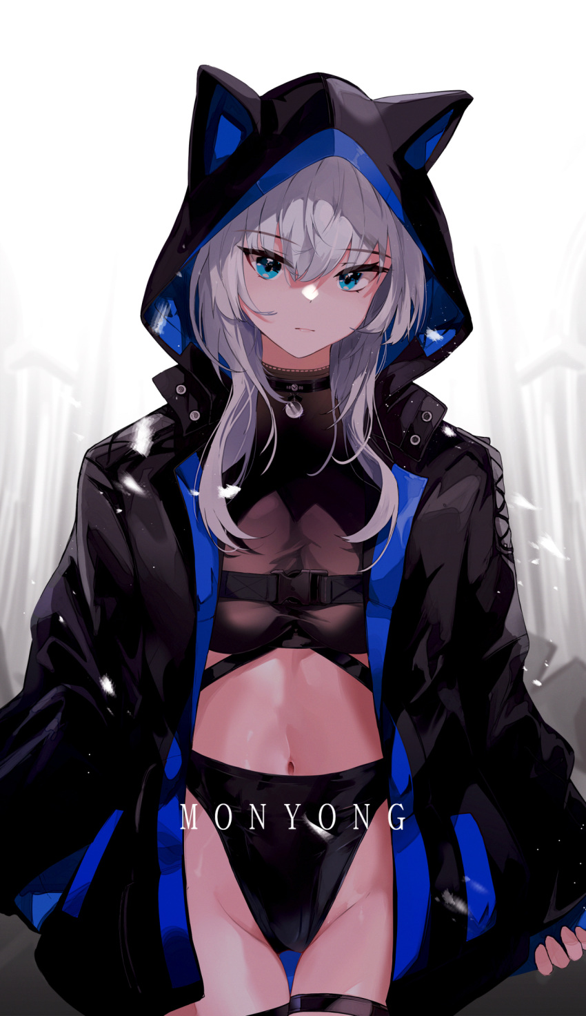 1girl belt bikini bikini_bottom_only black_bikini black_choker black_jacket black_shirt blue_eyes breasts choker closed_mouth cowboy_shot crop_top expressionless hand_in_pocket highres hood hooded_jacket jacket kooemong long_hair long_sleeves looking_at_viewer medium_breasts midriff navel open_clothes open_jacket original revealing_clothes shirt solo standing stomach swimsuit thigh_gap thigh_strap thighs white_hair