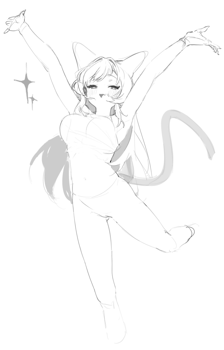 1girl absurdres animal_ears armpits arms_up blush commission fang half-closed_eyes highres kona_ming leg_up long_hair navel open_hands open_mouth original pixiv_request simple_background sketch smile solo sparkle tail white_background