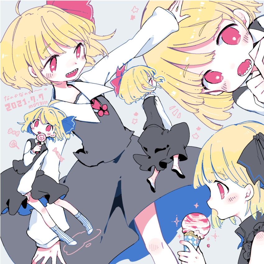 1girl alternate_costume artist_name black_ribbon black_skirt black_vest blonde_hair blue_ribbon blush candy collared_shirt commentary_request dated eyebrows_visible_through_hair food frilled_sleeves frills grey_background hair_ribbon highres ice_cream lollipop long_sleeves m_(m073111) medium_hair multiple_views outstretched_arms red_eyes red_ribbon ribbon rumia saliva sharp_teeth shirt shoes skirt sleeveless socks sparkle spread_arms star_(symbol) striped striped_legwear teeth touhou twitter_username vest white_shirt
