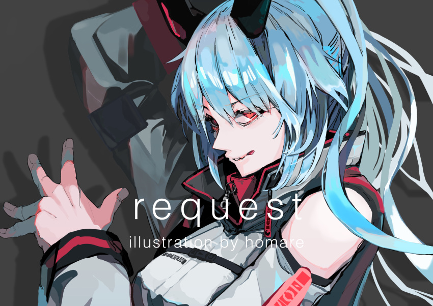 1girl artist_name bangs blue_hair clothing_cutout commentary_request commission english_text grey_background grey_jacket hand_up highres homare_eramoh horns jacket licking_lips long_hair long_sleeves looking_at_viewer original red_eyes shoulder_cutout simple_background skeb_commission solo tongue tongue_out upper_body