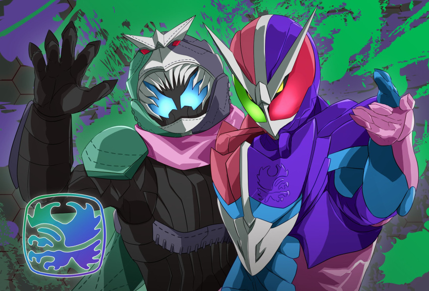 2boys belt bird commentary eagle eagle_genome green_eyes helmet heterochromia highres hood kamen_rider kamen_rider_revi kamen_rider_revice kamen_rider_vice male_focus miyabi_(037) multiple_boys pink_armor red_eyes revice_driver rex_genome splatter splatter_background stamp_mark tail tailcoat vistamp