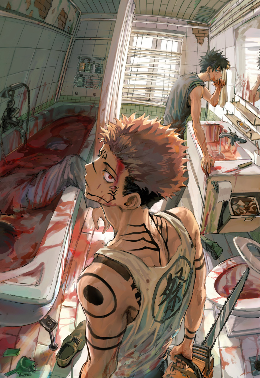 2boys absurdres arm_tattoo back_tattoo bangs bathroom bathtub black_hair black_tank_top blood blood_on_clothes blood_on_face blood_on_hands blood_on_weapon chainsaw corpse death extra_eyes facial_tattoo faucet fingernails from_above fushiguro_megumi green_eyes highres holding holding_chainsaw holding_weapon indoors jujutsu_kaisen knife looking_at_viewer male_focus mirror multiple_boys murder pink_hair red_eyes reflection ryoumen_sukuna_(jujutsu_kaisen) shampoo_bottle shoulder_tattoo shower_curtain sink skirt tank_top tattoo tile_wall tiles toilet towel undercut water weapon woshihedawei