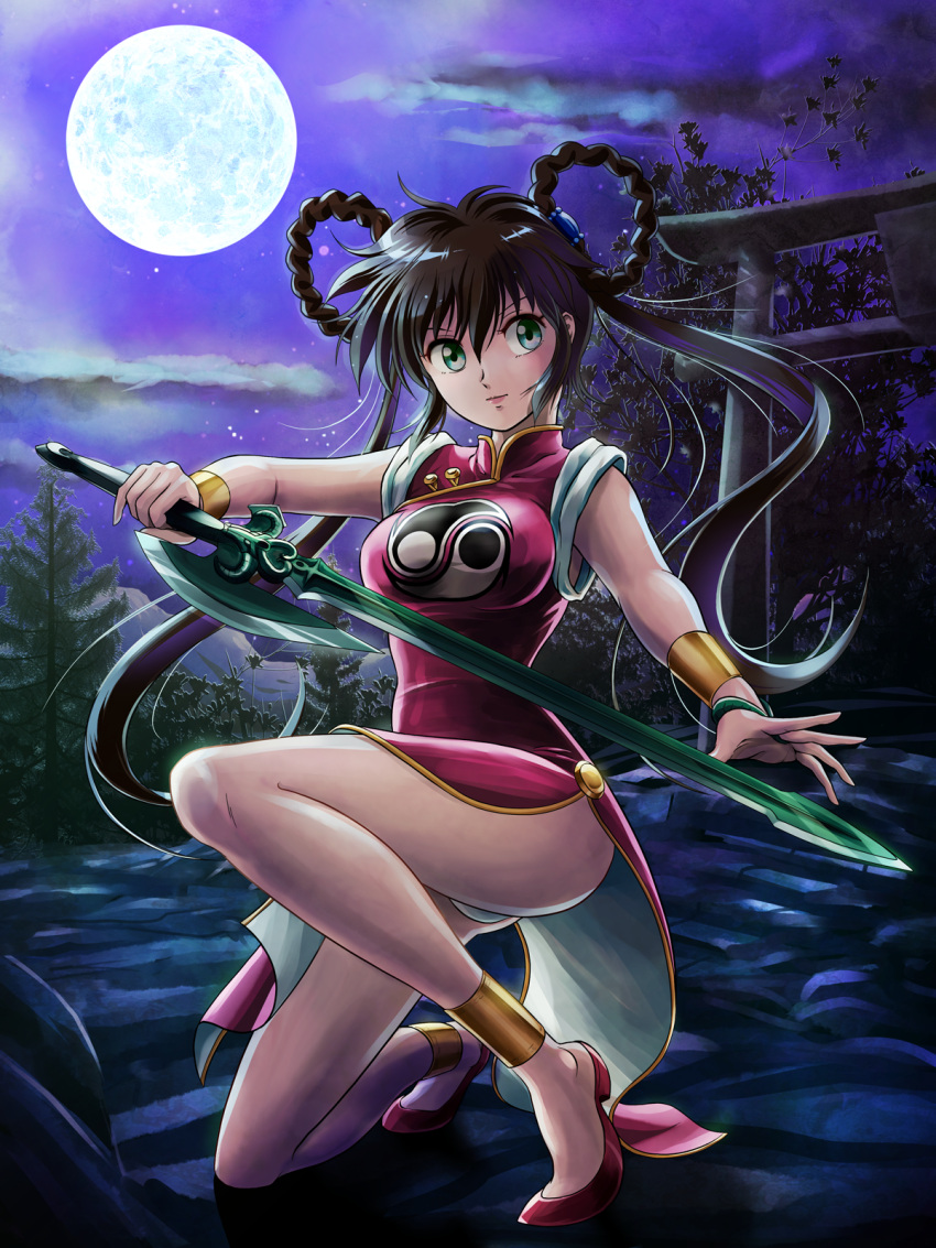 1girl artist_request bracer breasts brown_hair china_dress chinese_clothes closed_mouth dress green_eyes hair_between_eyes hair_rings highres holding holding_sword holding_weapon large_breasts long_hair mamono_hunter_youko mano_youko moon night outdoors panties pantyshot red_dress red_footwear solo source_request sword thighs twintails underwear very_long_hair weapon white_panties yin_yang