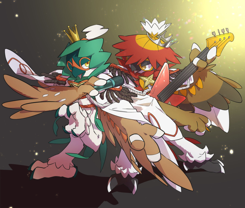 commentary_request decidueye electric_guitar guitar highres hisuian_decidueye holding holding_instrument holding_microphone instrument looking_at_viewer microphone no_humans one_eye_closed open_mouth pkpokopoko3 pokemon pokemon_(creature) red_pupils smile standing yellow_eyes