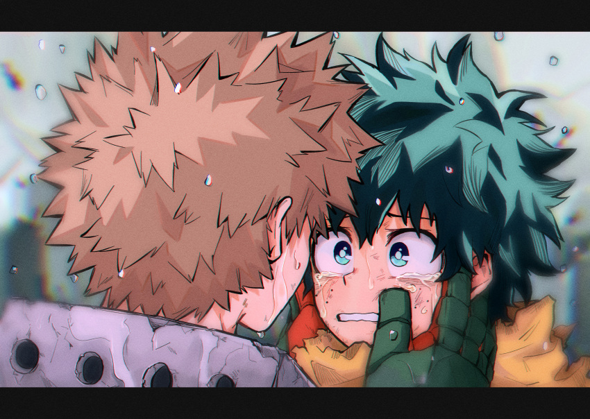 2boys absurdres akino_(aki_ktdk) bakugou_katsuki blonde_hair blurry blurry_background boku_no_hero_academia crying crying_with_eyes_open freckles gloves green_eyes green_gloves green_hair hand_on_another's_face highres letterboxed looking_at_another male_focus midoriya_izuku multiple_boys spiky_hair tears water_drop