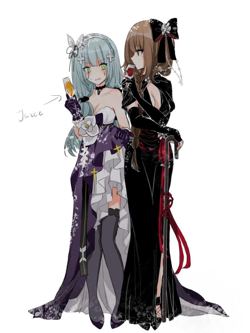 2girls black_dress breasts brown_eyes brown_hair cup dress drinking_glass eyepatch girls_frontline gloves green_eyes high_heels highres hk416_(girls'_frontline) hk416_(starry_cocoon)_(girls'_frontline) m16a1_(blazer_of_the_trail)_(girls'_frontline) m16a1_(girls'_frontline) multiple_girls shadow71580825 silver_hair strapless strapless_dress