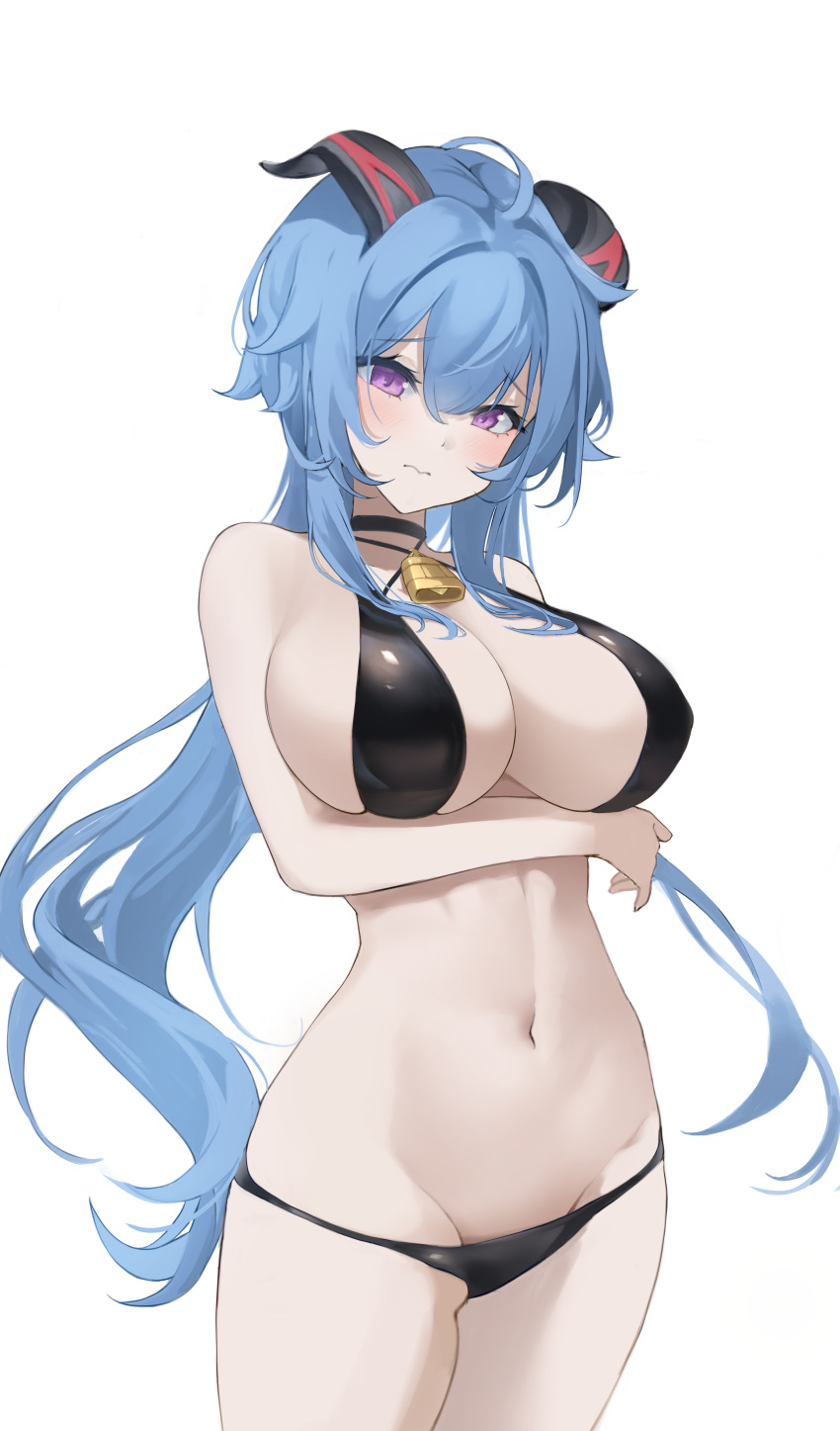 1girl absurdres ahoge arm_under_breasts bangs bell bikini black_bikini black_choker blue_hair blush breasts choker closed_mouth cowbell cowboy_shot curled_horns eyebrows_visible_through_hair ganyu_(genshin_impact) genshin_impact goat_horns groin haku_(liiixixixiii) highres horns large_breasts long_hair looking_at_viewer navel neck_bell raised_eyebrows simple_background standing stomach swimsuit violet_eyes wavy_mouth white_background