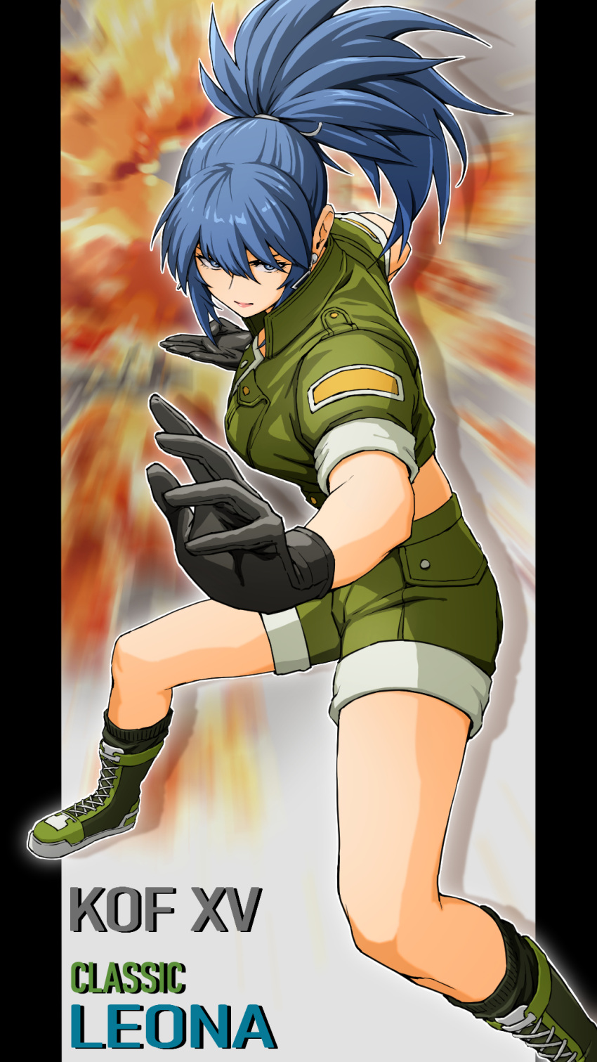 1girl black_gloves blue_eyes blue_hair boots character_name earrings gloves green_jacket green_shorts highres jacket jewelry leona_heidern military military_uniform ponytail short_sleeves shorts solo suspenders the_king_of_fighters the_king_of_fighters_xv triangle_earrings uniform x_chitch