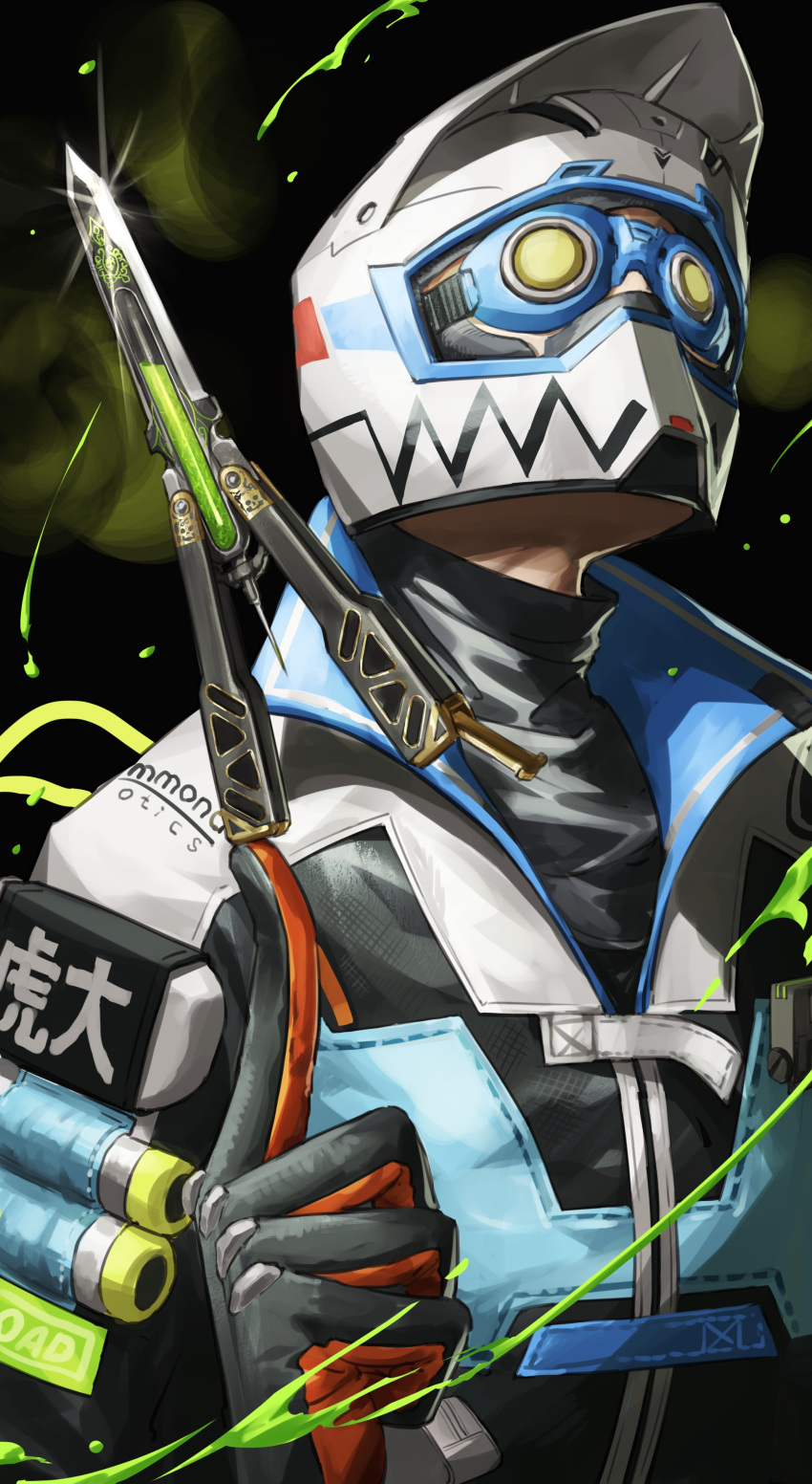 1boy absurdres apex_legends balisong black_background black_gloves black_shirt blue_jacket butterfly_knife_(apex_legends) cable gloves goggles helmet highres jacket knife male_focus motorcycle_helmet nemoto_yuuma octane_(apex_legends) official_alternate_costume pointing pointing_up portrait shirt solo the_victory_lap_octane white_headwear