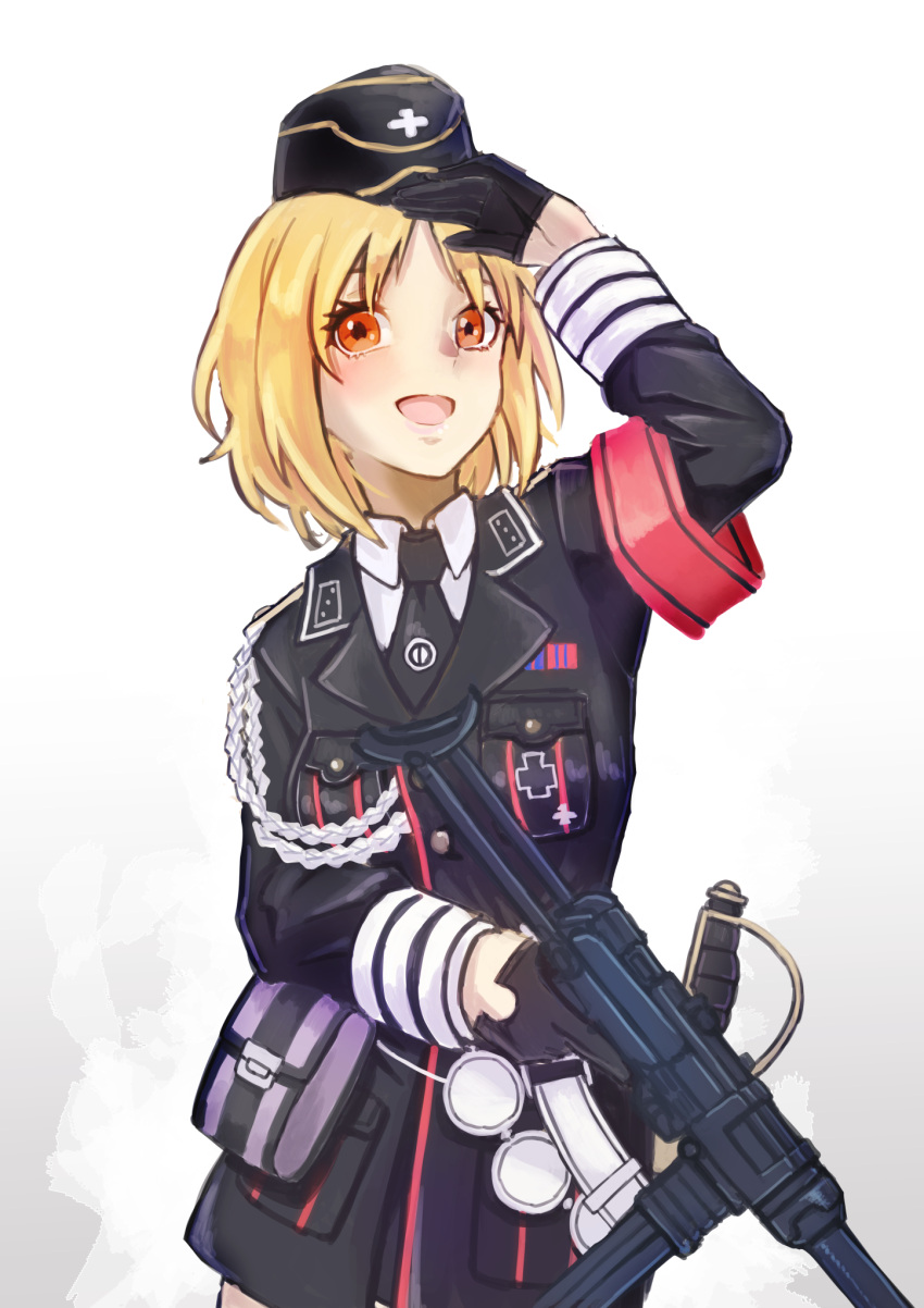 1girl aiguillette armband black_gloves black_headwear black_necktie blonde_hair epaulettes garrison_cap girls_frontline gloves gun hat highres holding holding_gun holding_weapon long_sleeves mp40 mp40_(girls'_frontline) necktie orange_eyes redz short_hair solo submachine_gun upper_body weapon